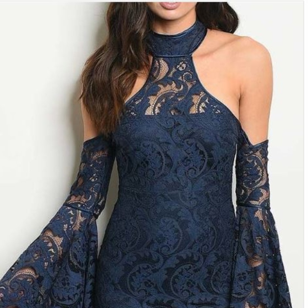 Lace Halter Bell Sleeve Dress